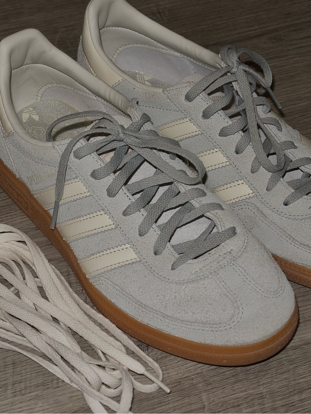 adidas Women’s Light Gray Suede Sneakers with Cream Stripes and Gum Sole
